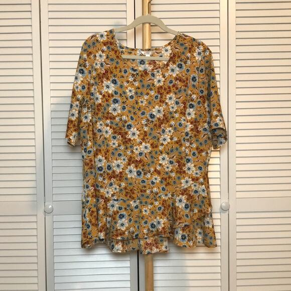 Time and Tru Floral Round Neck Short Sleeve Ruffle Hem Top XXL - Picture 1 of 6
